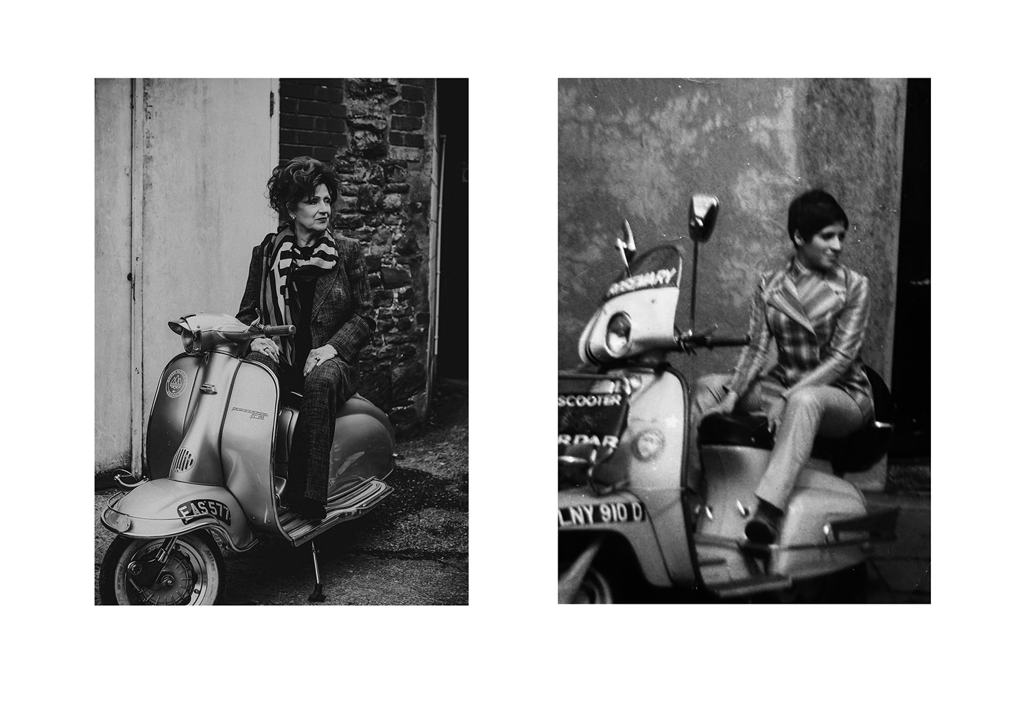 Two vintage photographs of Rosemary, Anna's mum, on her scooter in the 1960s, inspiration for Ffin MOD