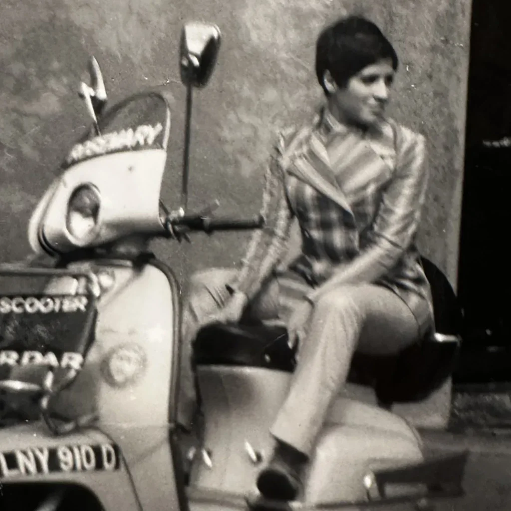 Rosemary, Anna's mum, as a young Mod seated on her scooter, the inspiration behind Ffin MOD
