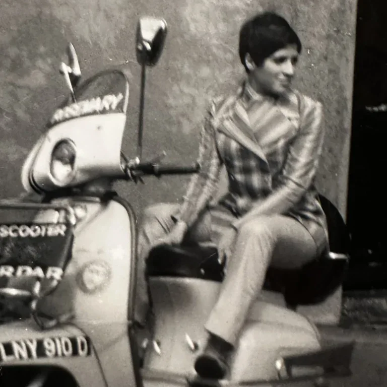 Rosemary, Anna's mum, as a young Mod seated on her scooter, the inspiration behind Ffin MOD