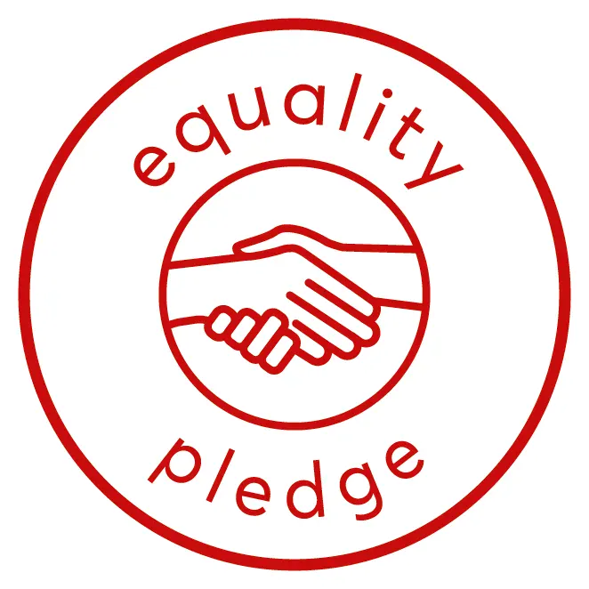 Equality Pledge logo, a red circular badge with a handshake