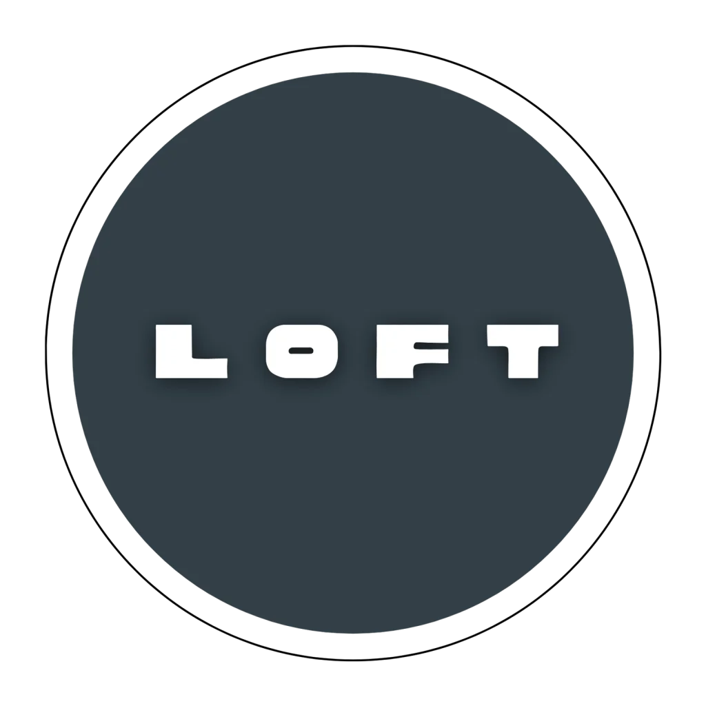 LOFT eyewear show logo, white lettering on a grey circle