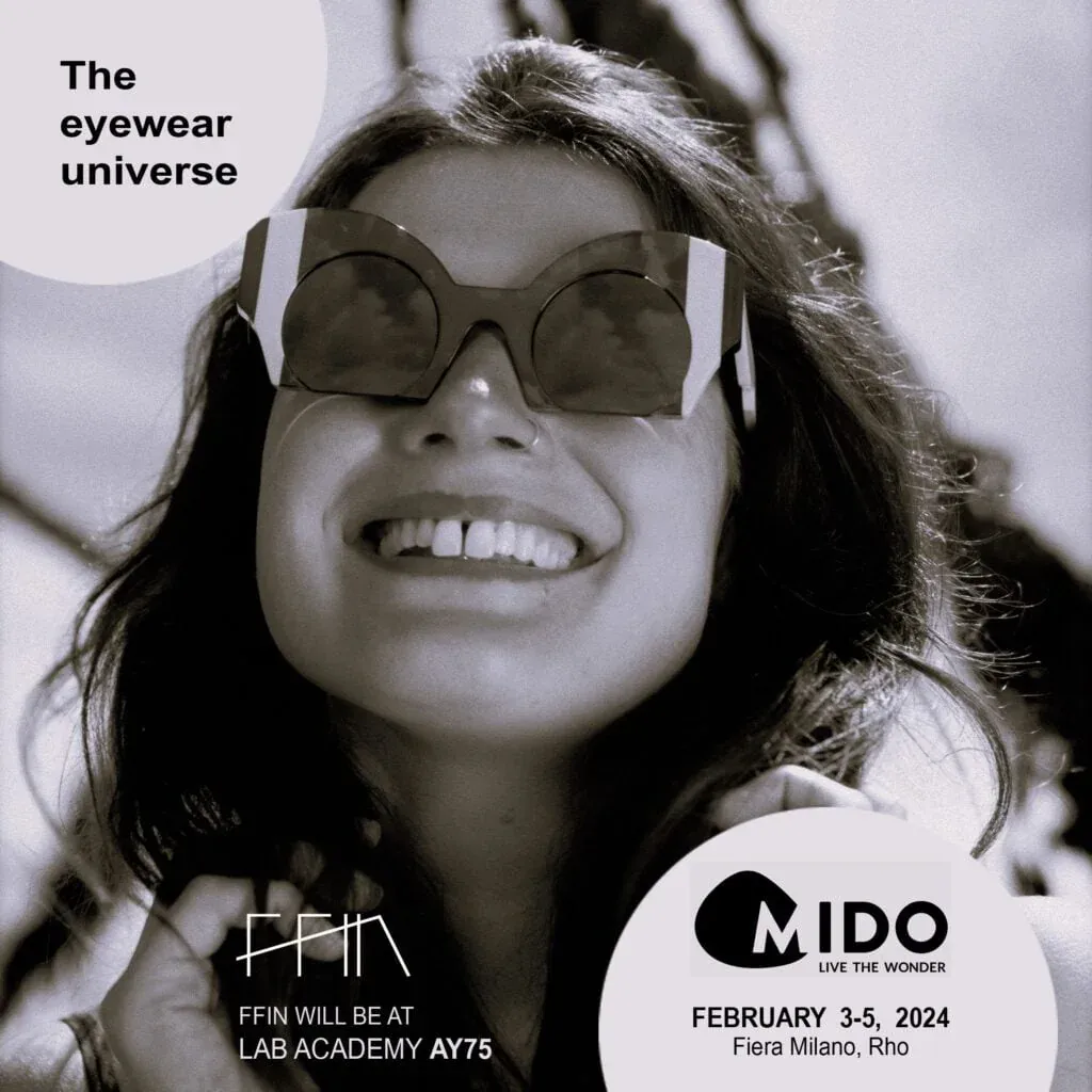 Smiling model in oversized Ffin designer sunglasses, MIDO eyewear show advert for the Ffin stand in Milan