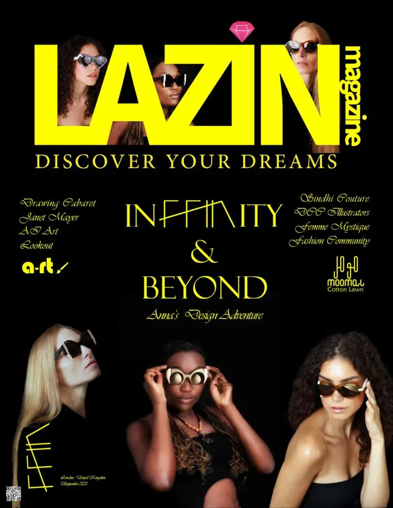 Lazin magazine cover story "Infinity & Beyond: Anna's Design Adventure" featuring models in Ffin eyewear