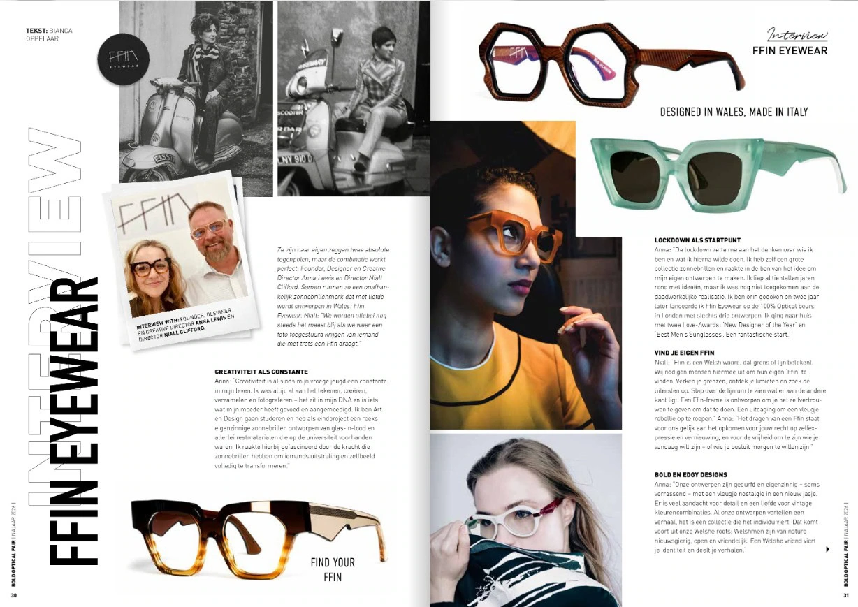 Bold XXL magazine spread interviewing Ffin Eyewear: designed in Wales, made in Italy