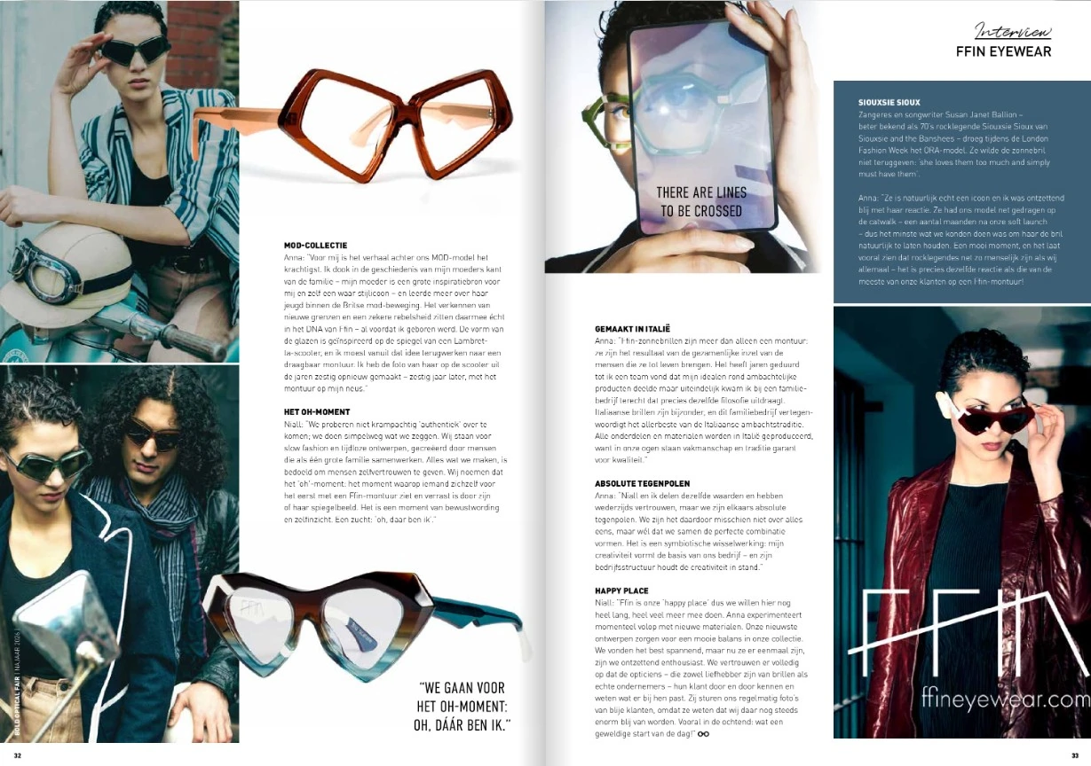 Second page of the Bold XXL magazine interview with Ffin Eyewear, including the lines to be crossed campaign