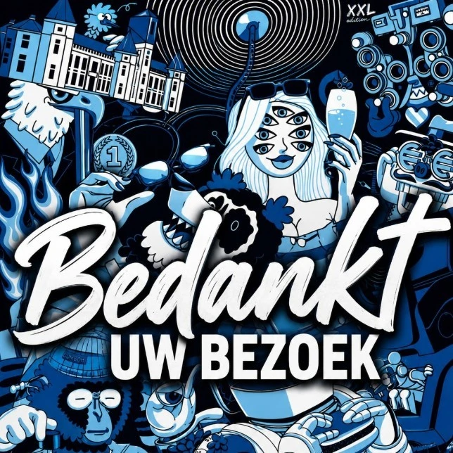 Bold XXL thank-you illustration reading "Bedankt uw bezoek" in a blue and white pop-art style