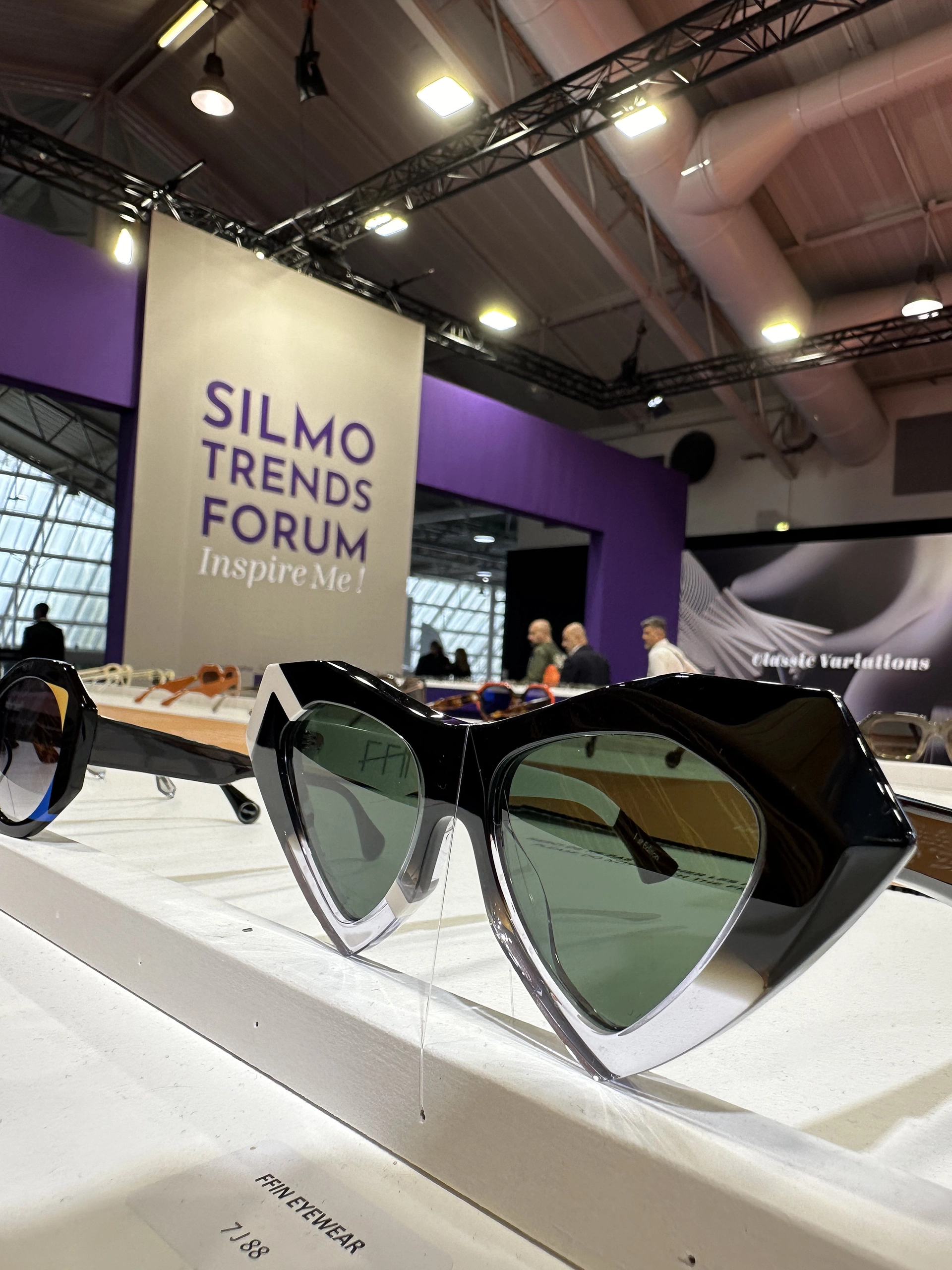 Black and clear heart-shaped Ffin NOS designer sunglasses on show at the SILMO Trends Forum