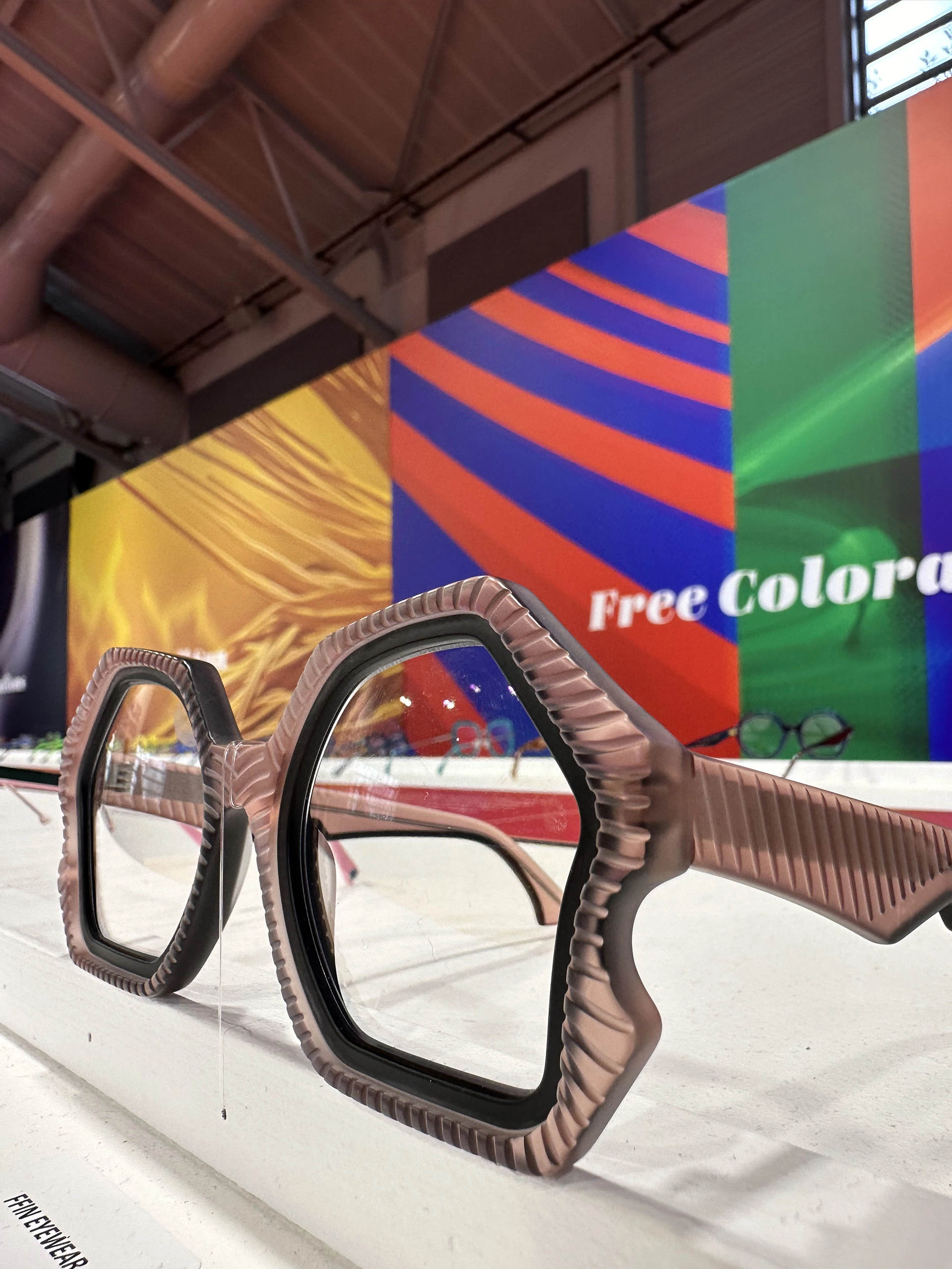 Textured pink-brown hexagonal Ffin AER optical frames on show at the SILMO Trends Forum